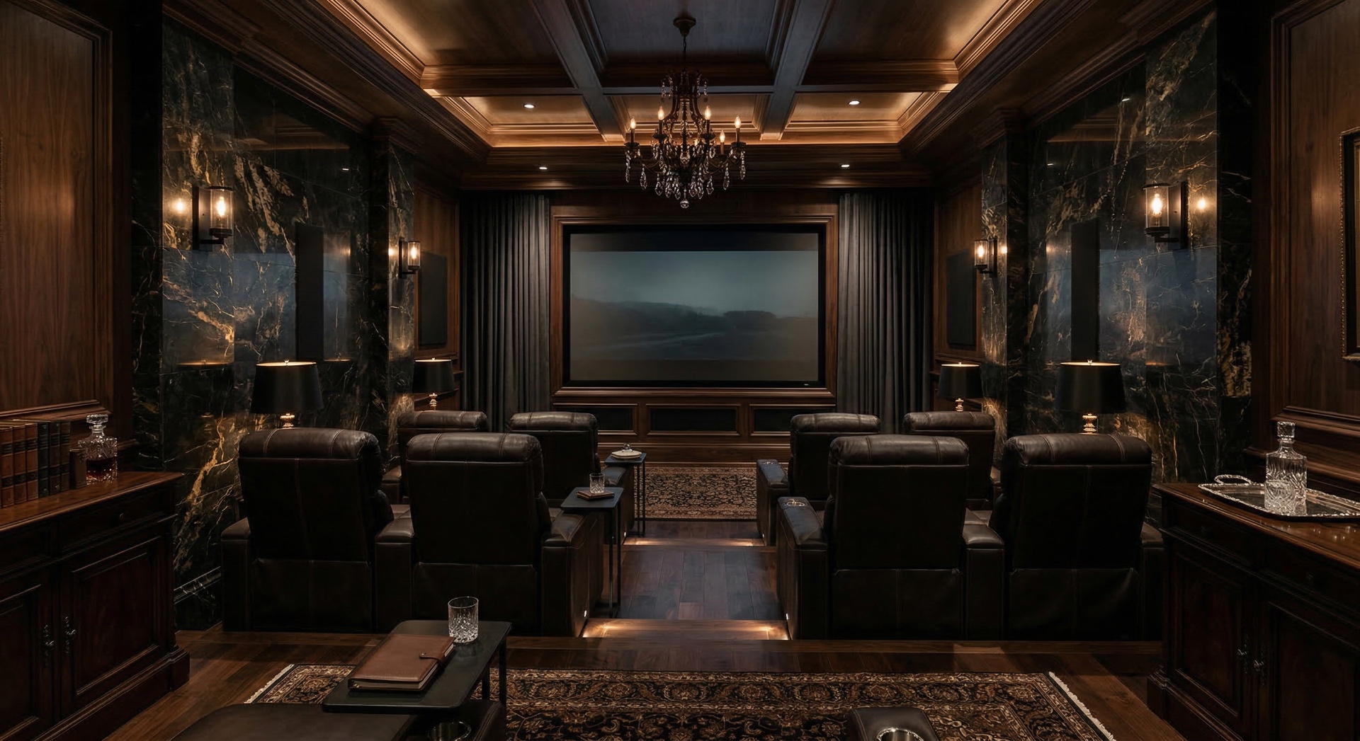 The Marble Noir — Dark marble walls with gold veining, crystal chandelier, and rich leather seatin