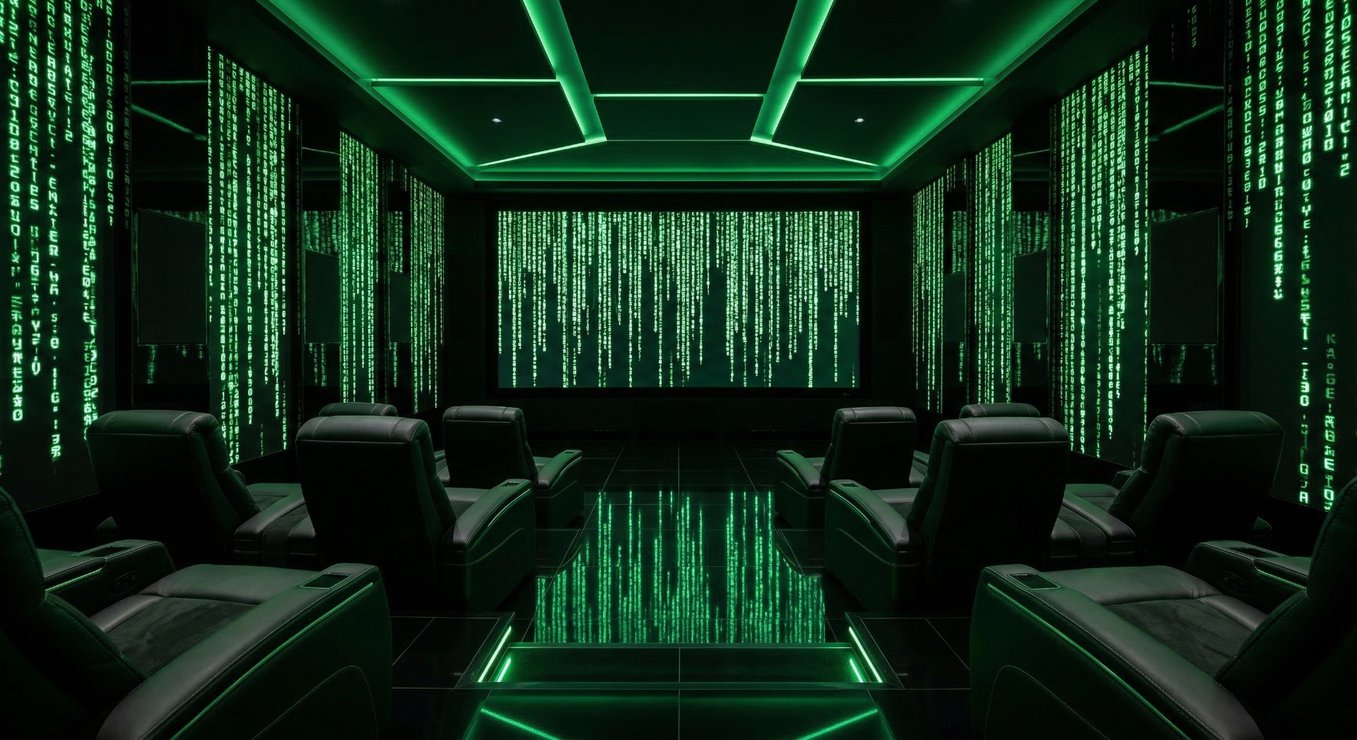 The Matrix Chamber — Cascading green code projections, reflective black floors, and angular seating i