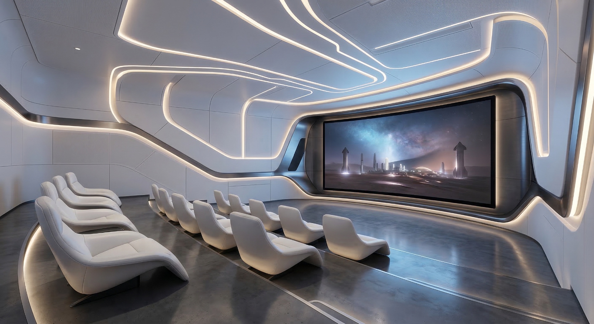 The Minimal Orbit — Circular ceiling geometry, monochrome materials, and hidden architectural speake
