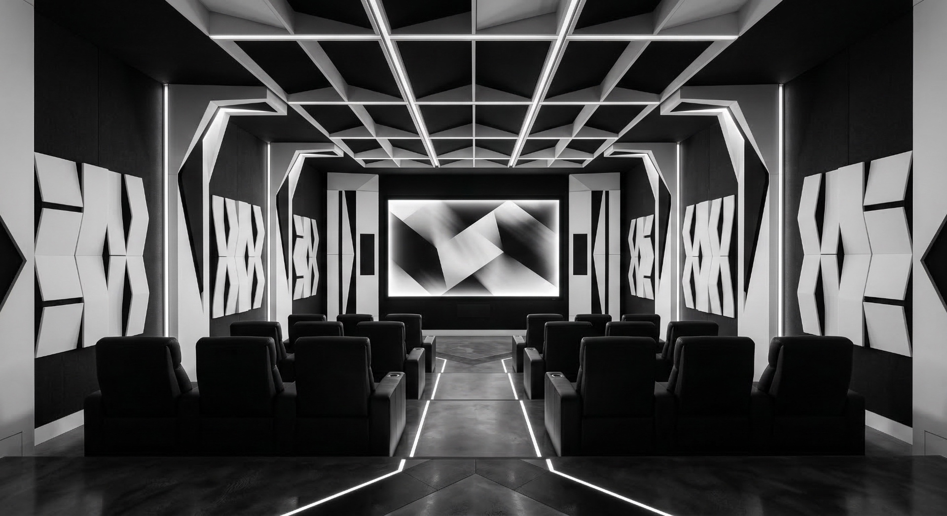 The Monochrome Grid — Stark black-and-white geometric panels, angular ceiling lattice, and linear LED 
