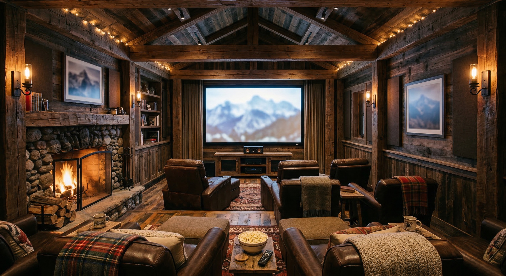 The Mountain Cabin — Reclaimed wood walls, vaulted timber ceiling, stone fireplace, and plaid blanket