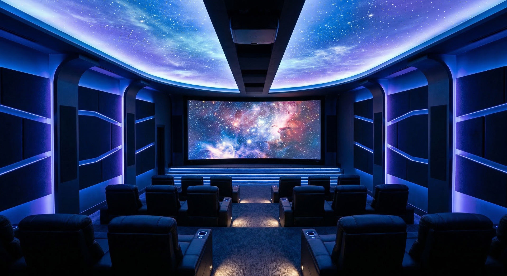 The Nebula Dome — A backlit celestial dome ceiling and deep indigo acoustic panels surround a curv