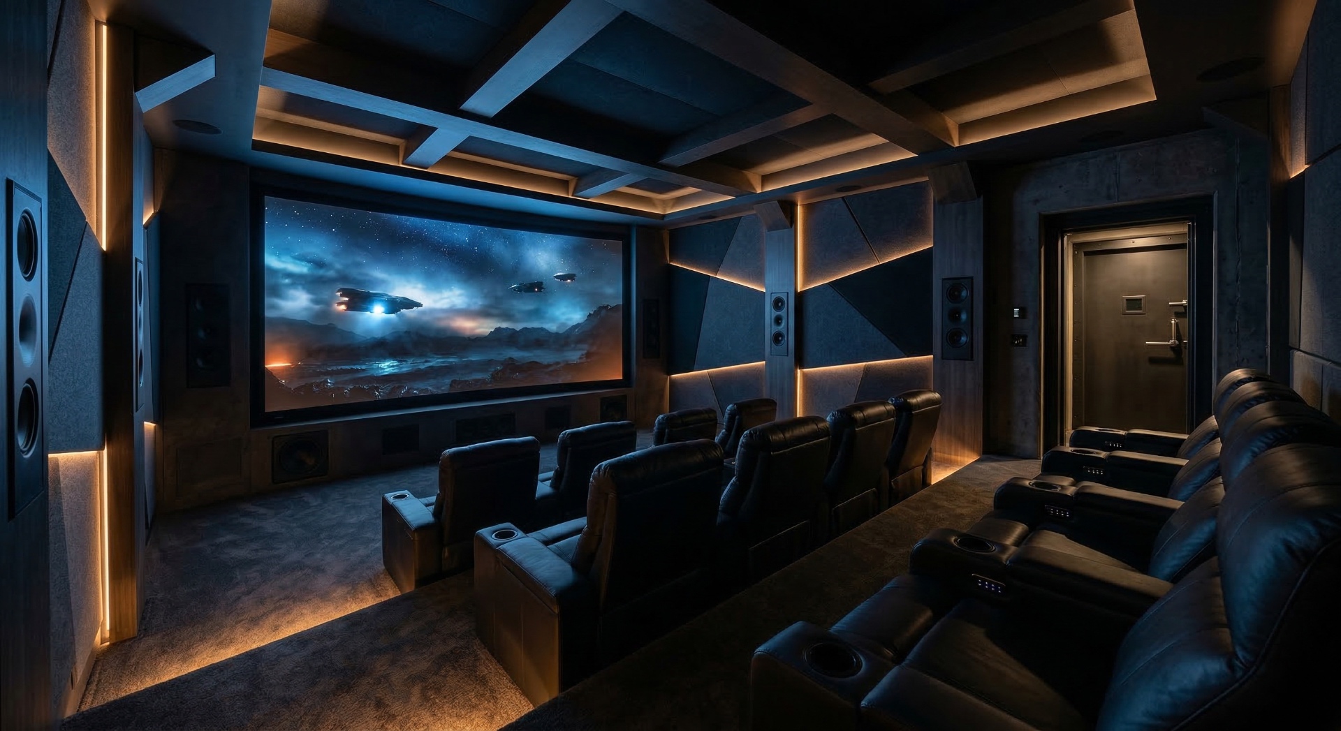 The Neo Frigate — Angular acoustic panels, low amber illumination, and deep-space visuals produce 