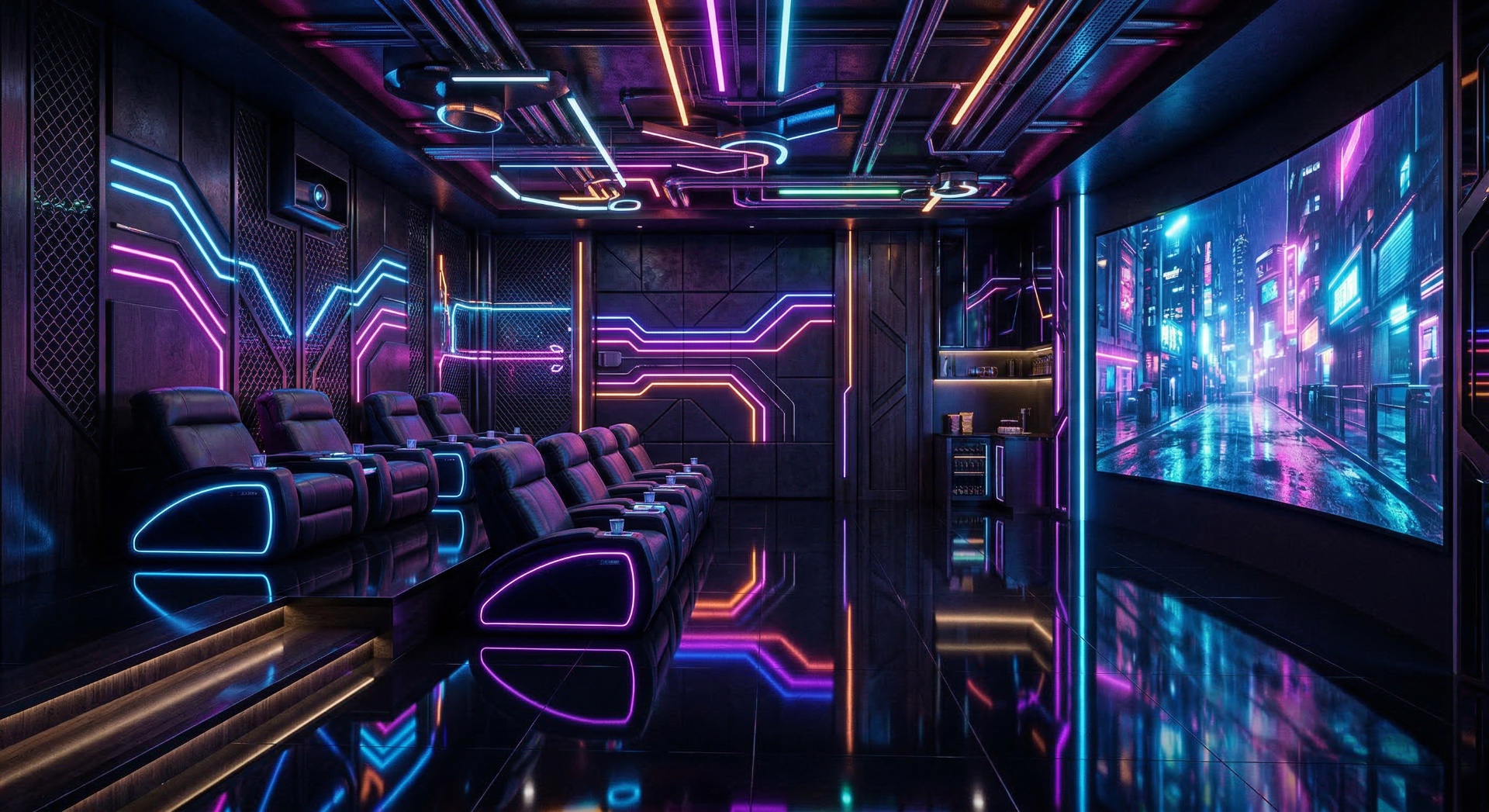The Neon Arcade — Electric cyan-magenta lighting and glossy black surfaces transform this concept 