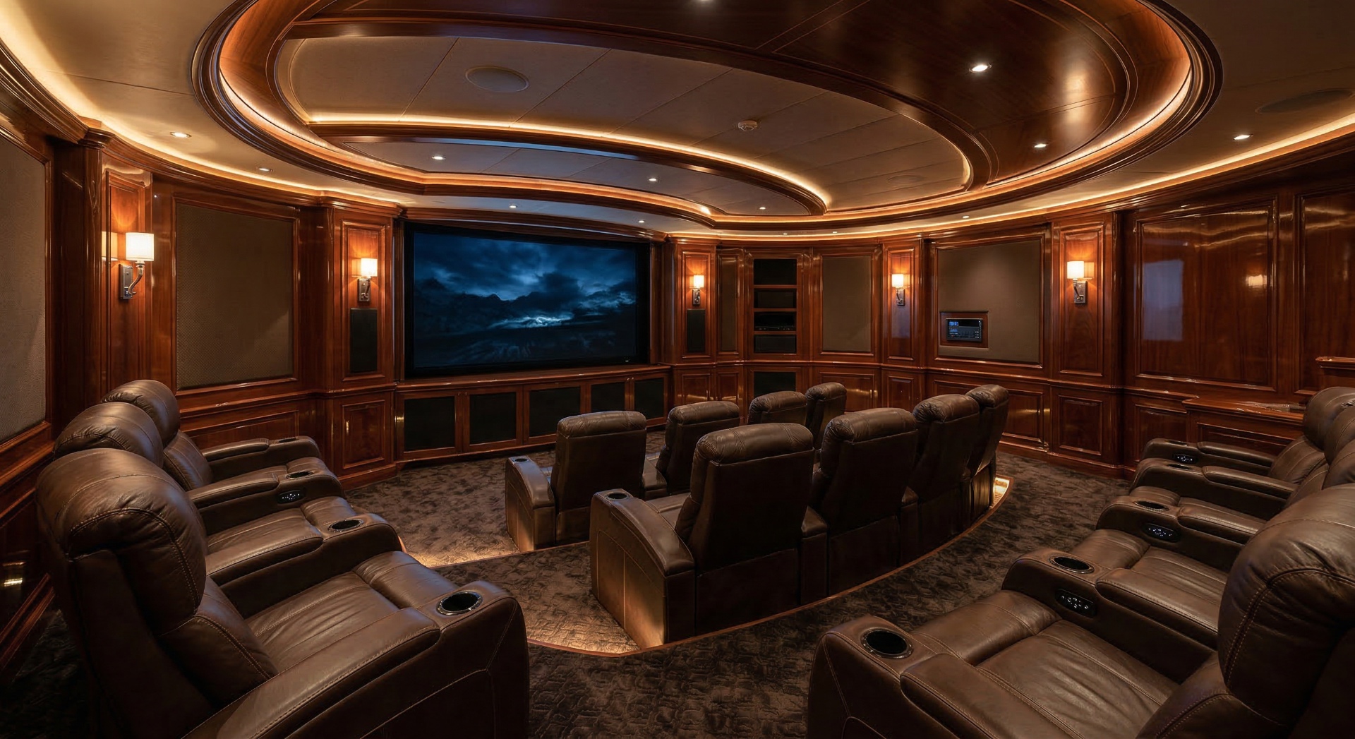 The Noir Lounge — Moody charcoal paneling, art-noir photography, soft amber pools of light, and de
