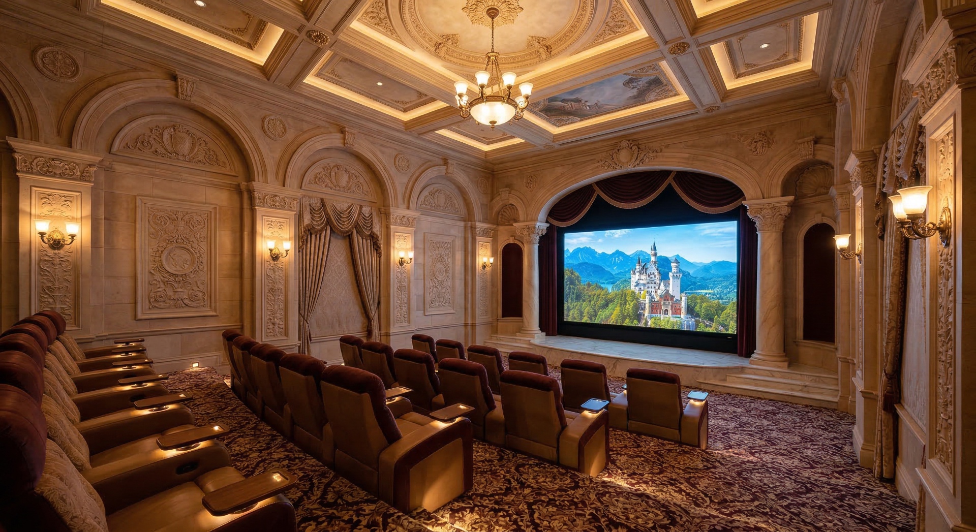 The Opera Palace — Ornate plaster detailing, arched proscenium framing, and warm chandelier lightin