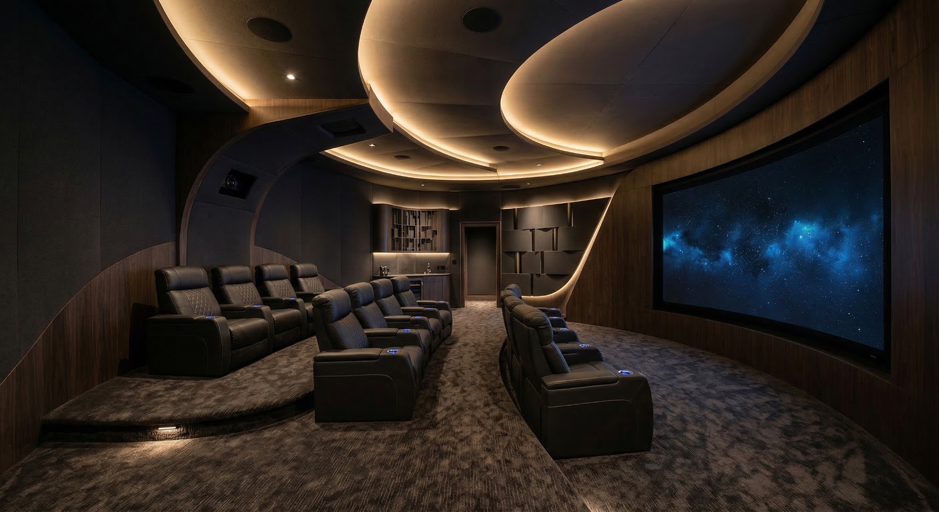 #3 ranked home theater design: The Wave — Sculptural organic ceiling forms with concealed cove lighting float above tiered seating in an immersive Dolby Atmos environment.