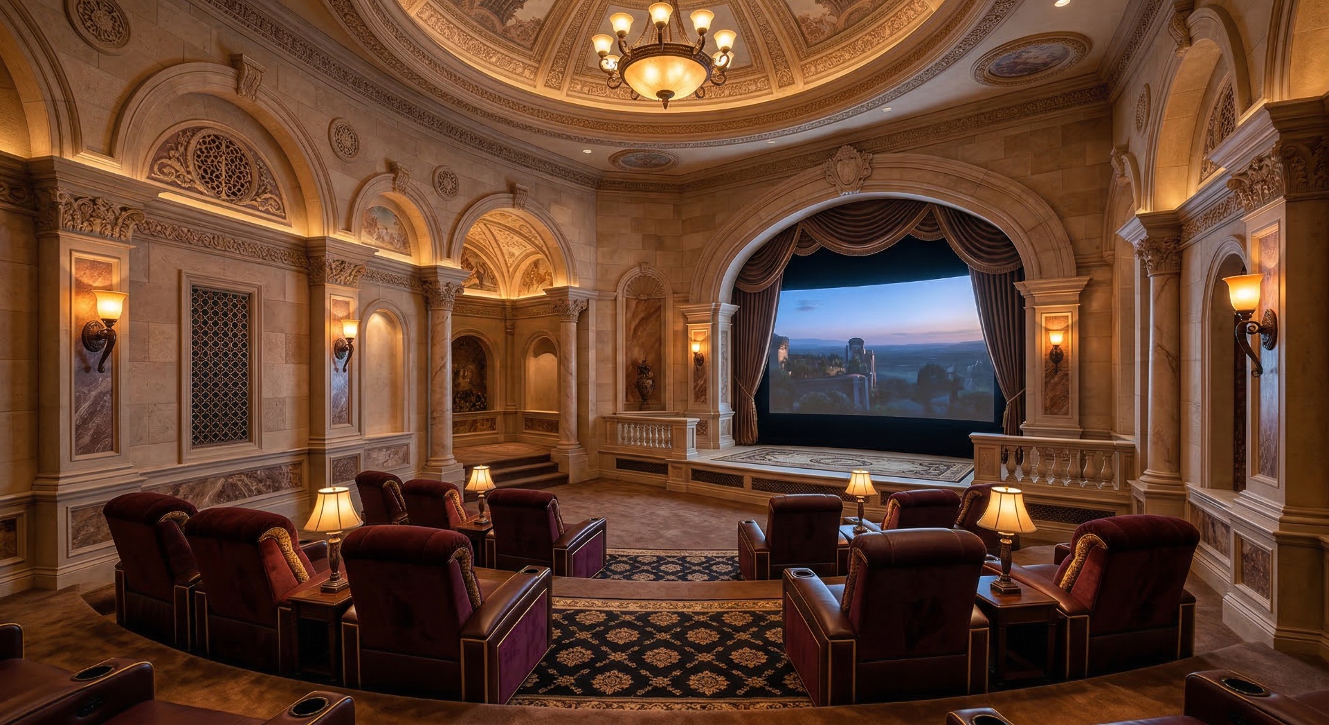 #2 ranked home theater design: The Palazzo — Venetian plaster walls, hand-painted dome ceiling, and Italianate balustrades transform a basement into a Renaissance-inspired private cinema.