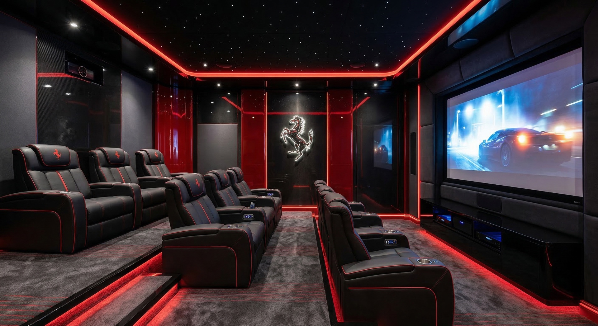 The Redline Lounge — Black-and-red motorsport detailing, neon accents, and performance-style seating 