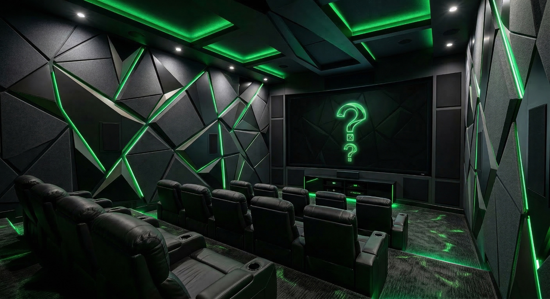The Enigma Room — Faceted geometric wall panels with green LED edge lighting create a puzzle-box c