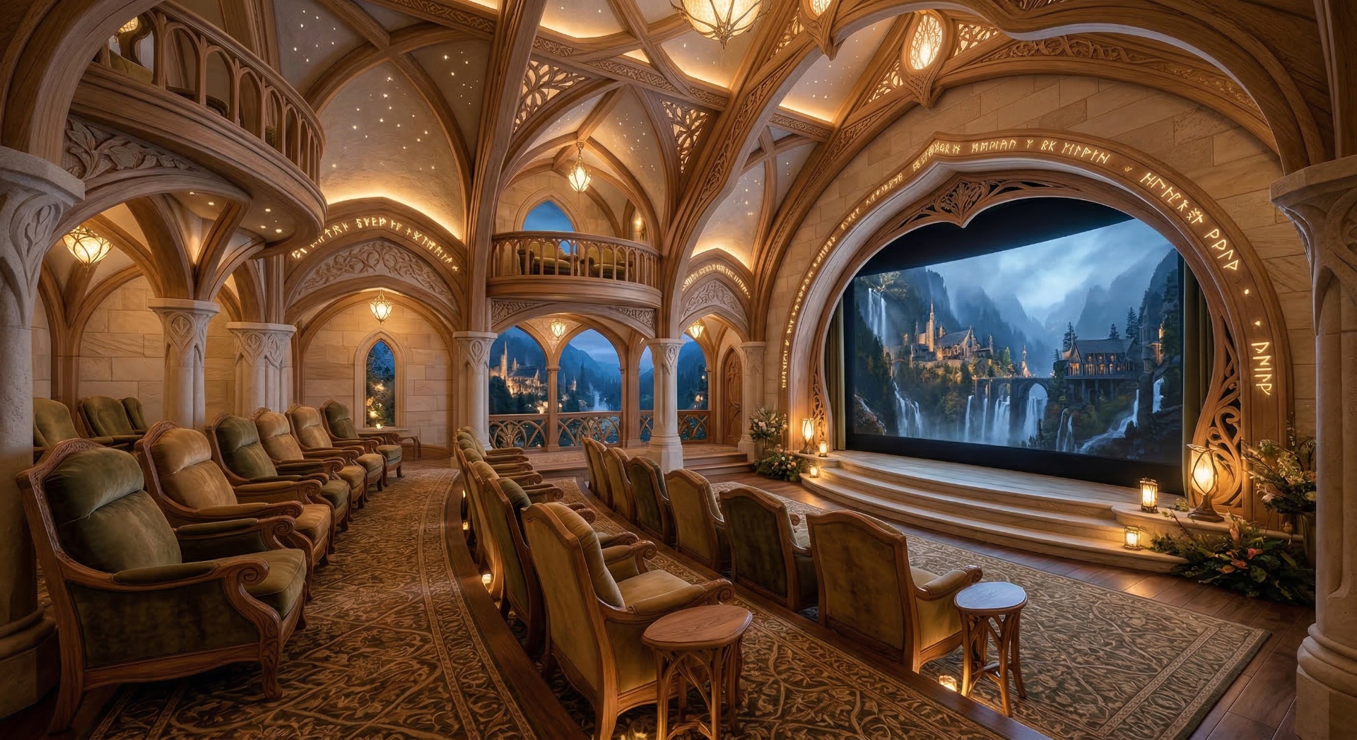 The Elven Hall — Gothic arches, carved woodwork, and a star-painted ceiling evoke a fantasy realm