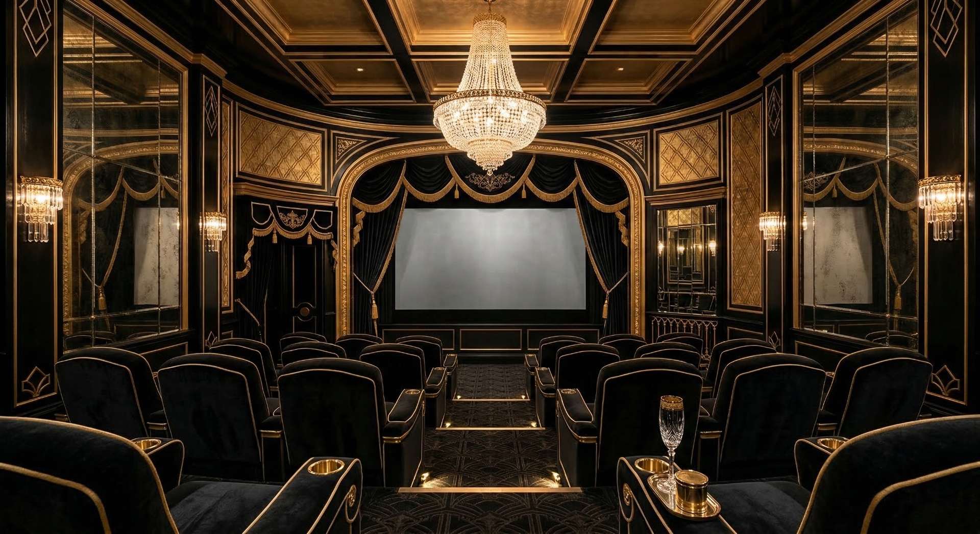 The Royal Crescent — Black lacquer walls, geometric gold inlays, mirrored surfaces, and jewel-box cha