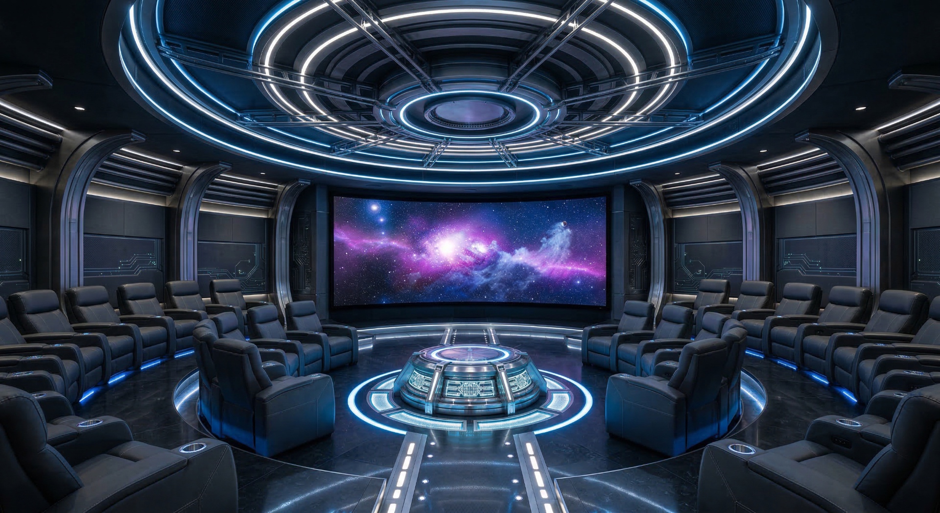 The Command Center — Concentric ceiling rings with programmable LED lighting orbit above a central co