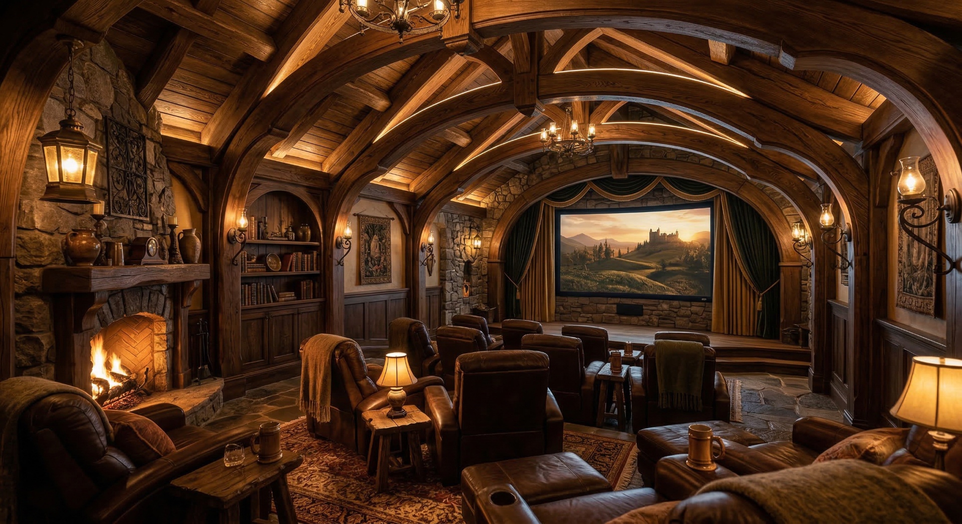 The Shire Hall — Arched timber beams, stone fireplace, wrought-iron lanterns, and velvet curtains