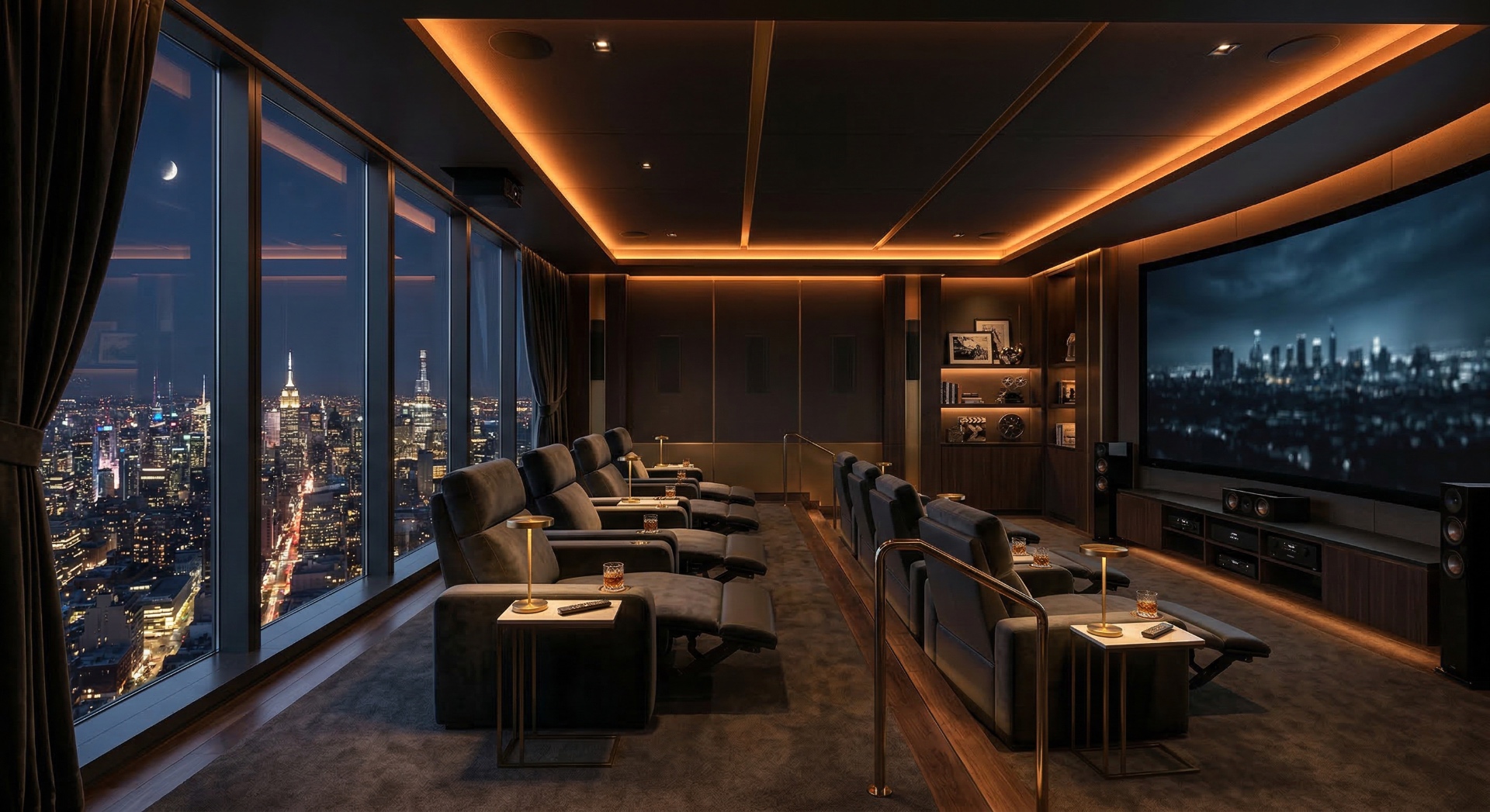 The Skyline Penthouse — Floor-to-ceiling city views, minimalist seating, and subtle amber cove lighting 