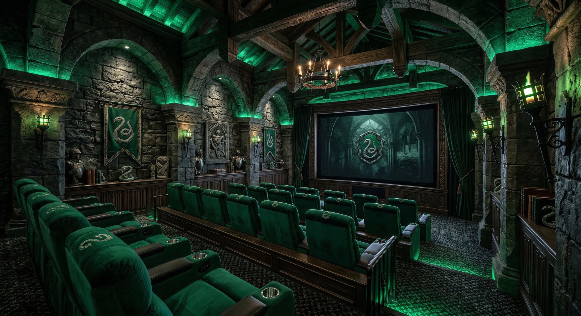 The Serpent Hall — Castle stonework, emerald accent lighting, and house-banner motifs create a fant