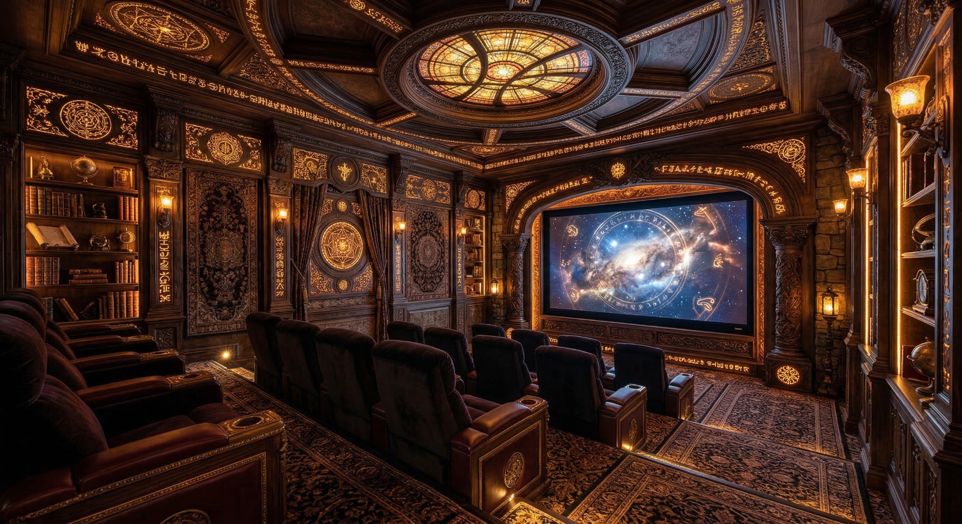 The Sorcerer's Study — Stained-glass ceiling medallions, gilded arcane symbols, and antique bookshelves