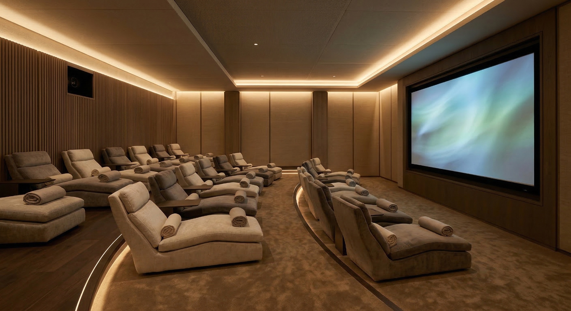 The Spa Cinema — Plush chaise loungers with bolster pillows, warm neutral tones, and soft cove li