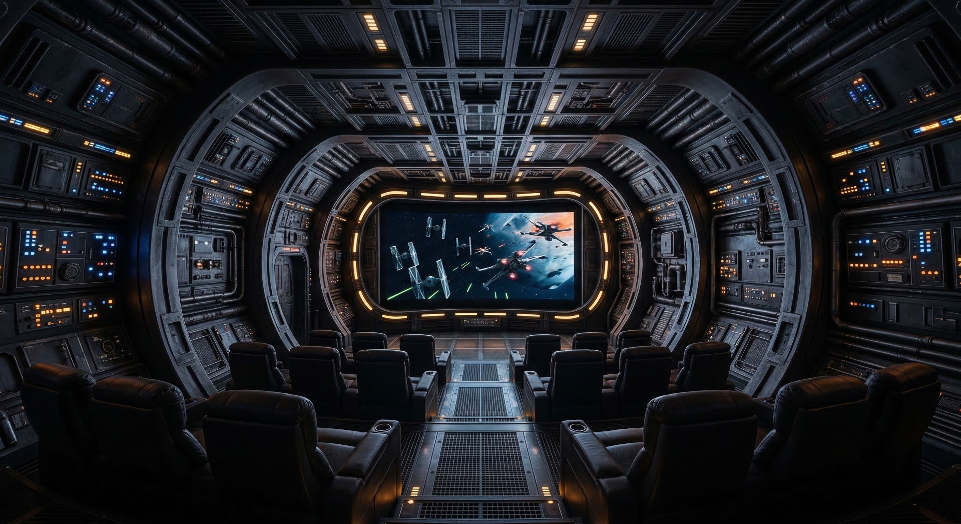 The Starfighter Bay — Ribbed starship architecture, control-panel wall detailing, and battle-scene pro