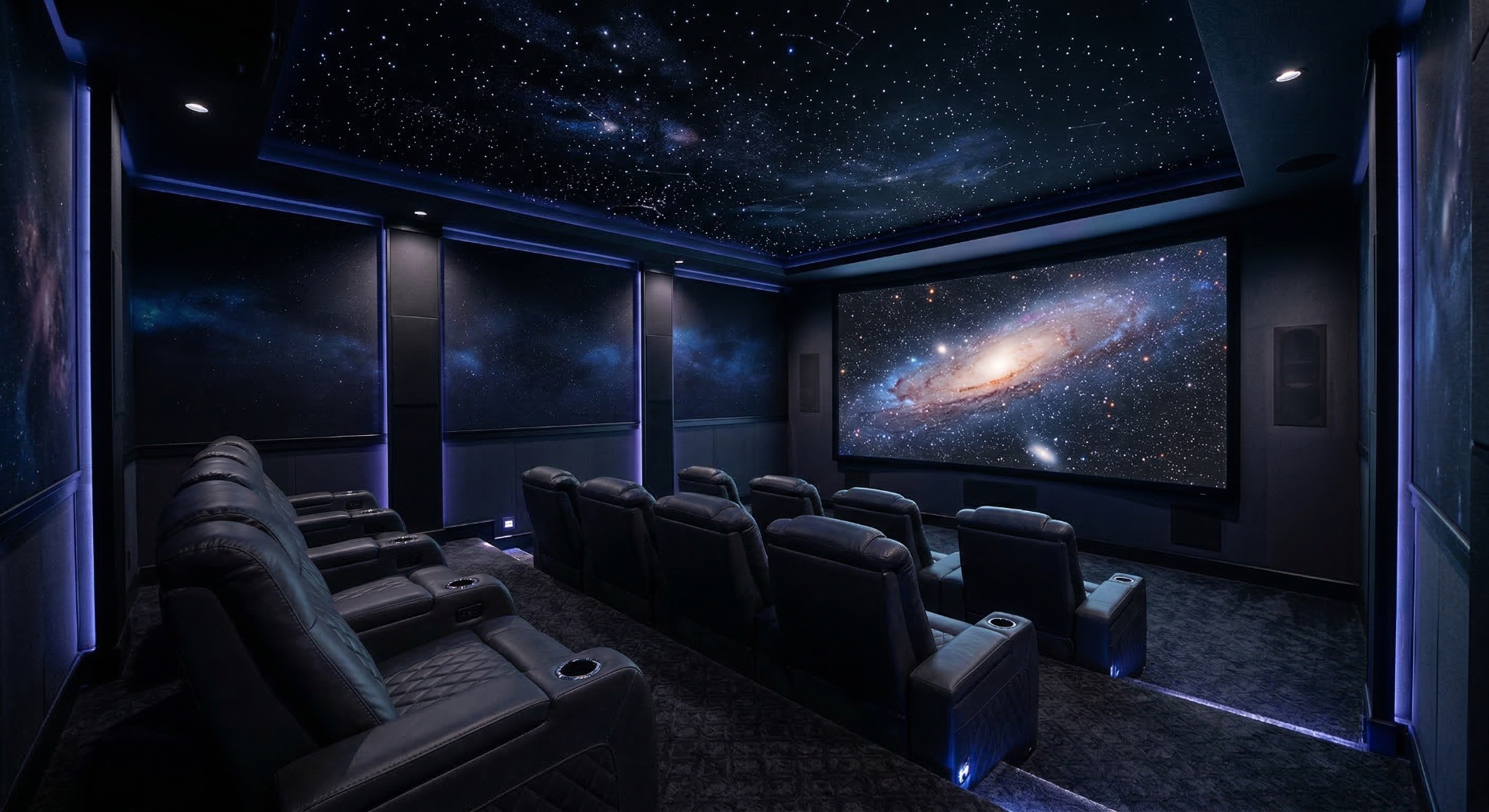 The Stargazer — A fiber-optic star ceiling stretches above deep navy walls and galaxy-printed ac