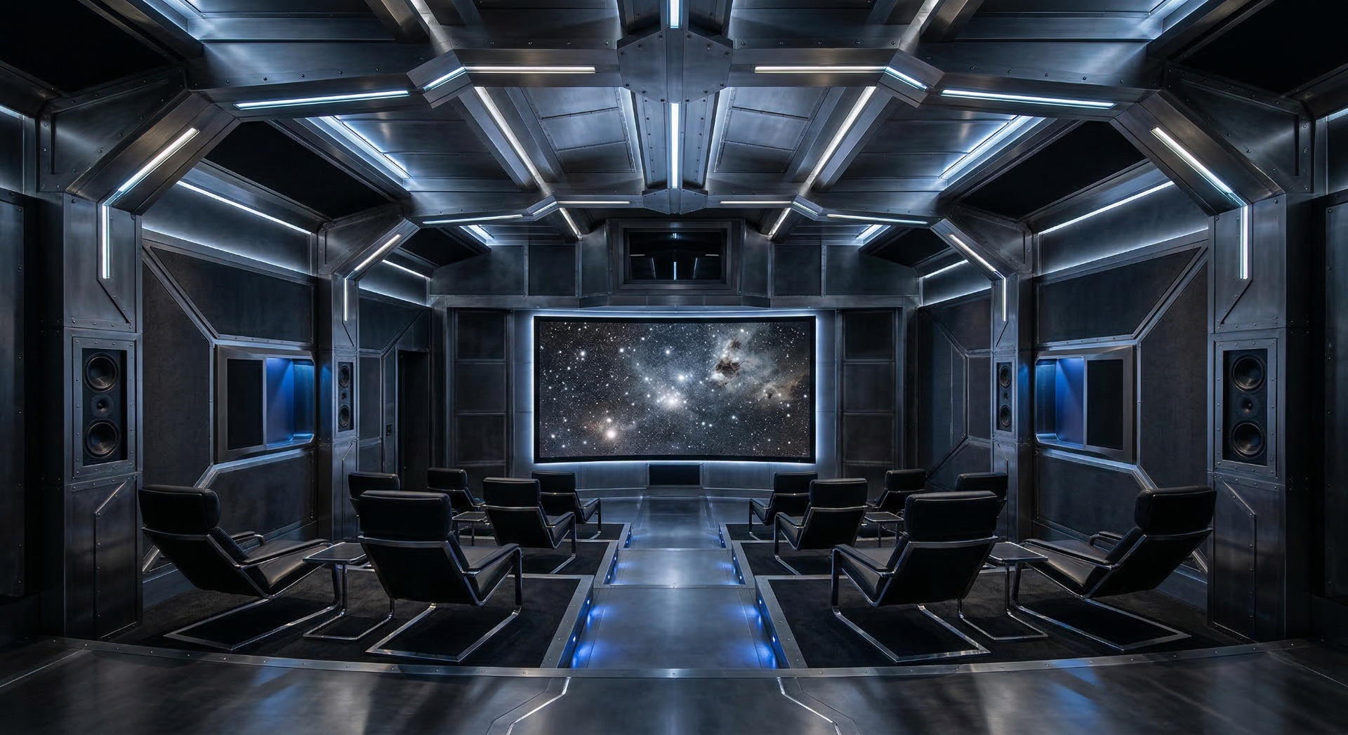 The Starship — Brushed steel hull plating, angular ceiling beams with strip lighting, and flank