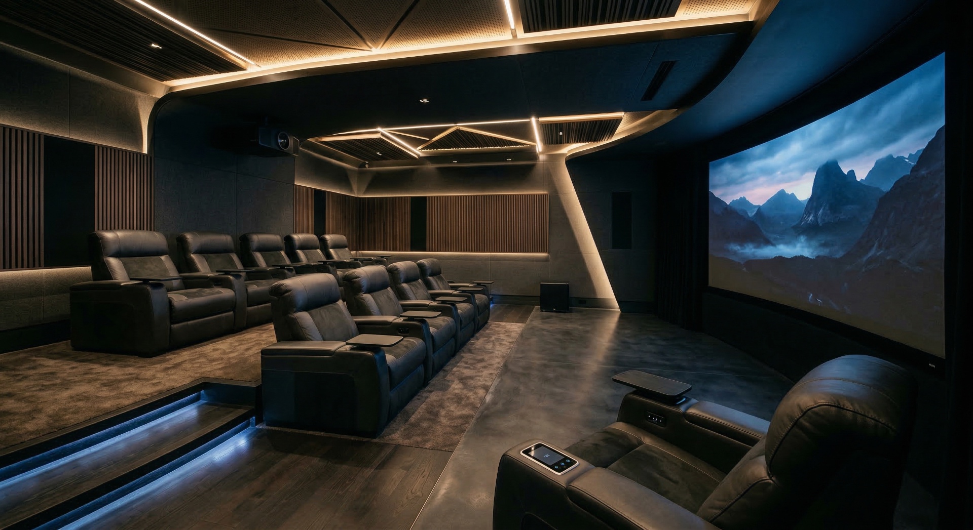 The Stealth Command — Angular acoustic panels, slatted walnut walls, and a massive curved screen defin