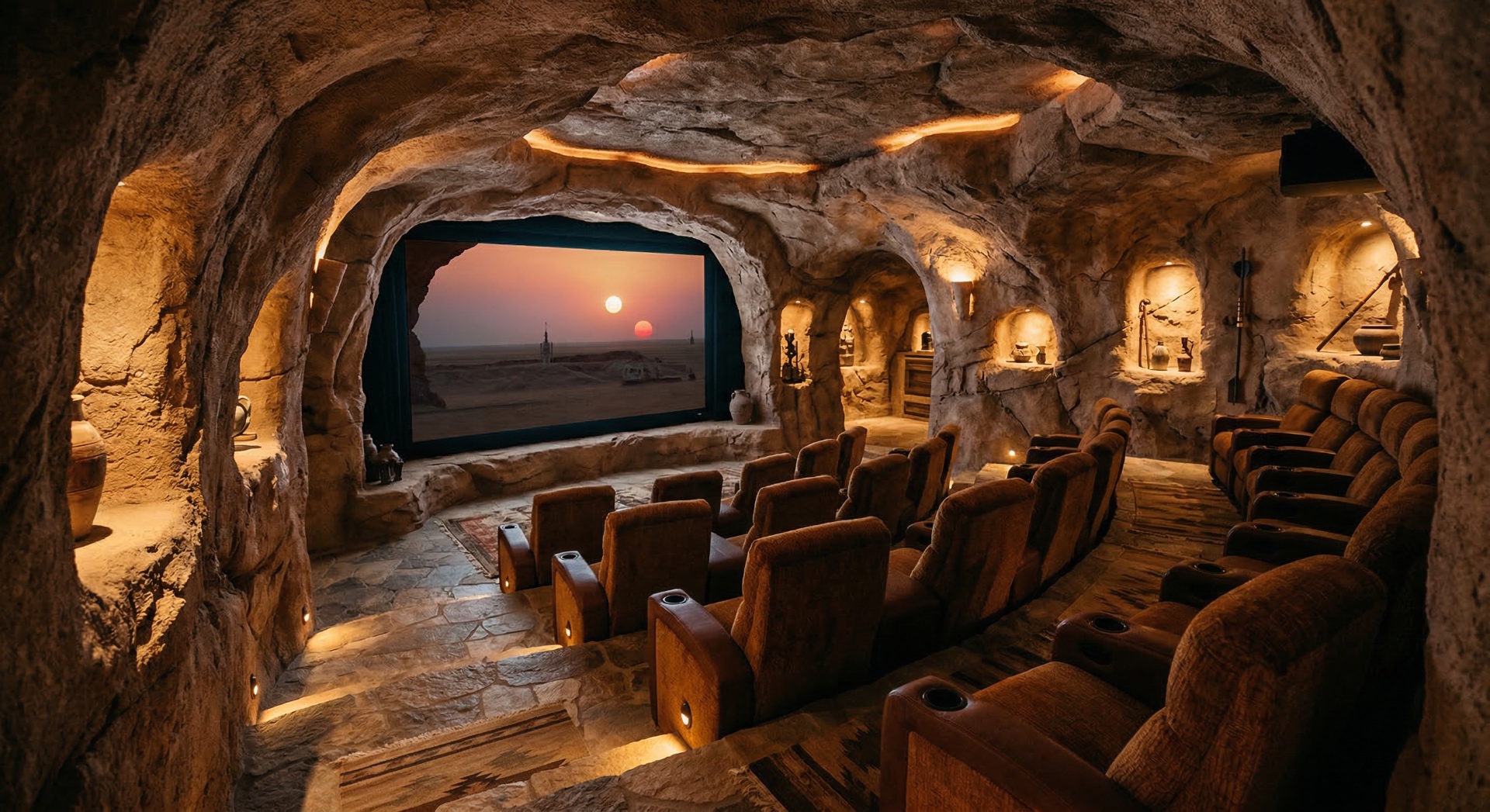 The Desert Outpost — Sculpted sandstone walls, alcove lighting, and weathered stone floors recreate a