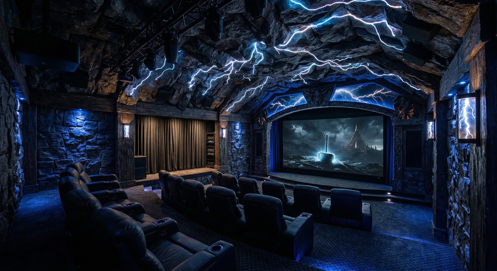 The Thunder Cave — Raw stone cavern walls, ceiling-mounted lightning effects, and a Norse-inspired 
