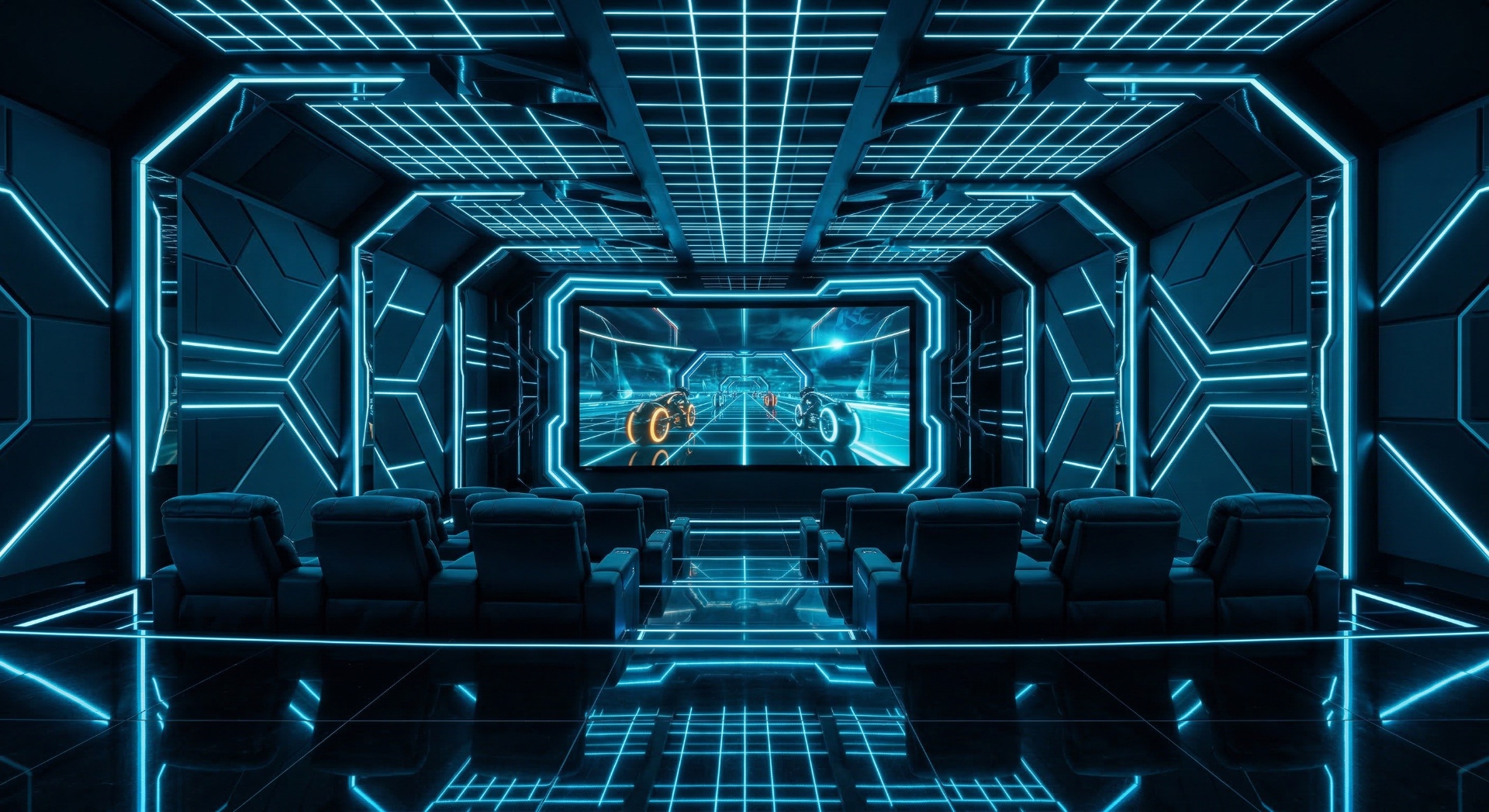 The Grid — Cyan LED line accents trace geometric panels across floor, walls, and ceiling. R
