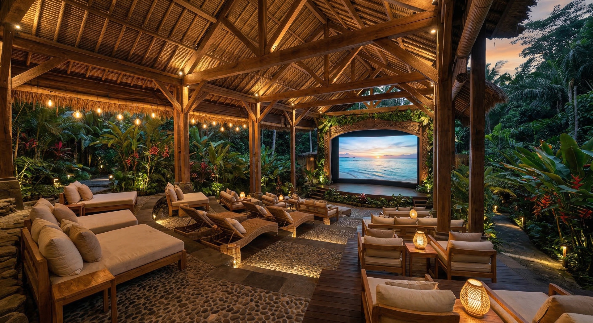 The Tropical Pavilion — An open-air thatched pavilion surrounded by tropical gardens and string lights h