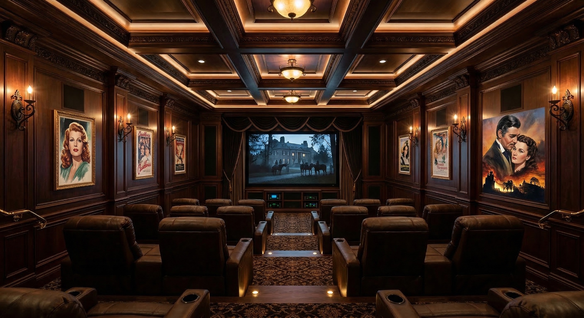 The Vintage Cinema Hall — Classic Hollywood posters, coffered ceilings, and velvet drapery establish an ol