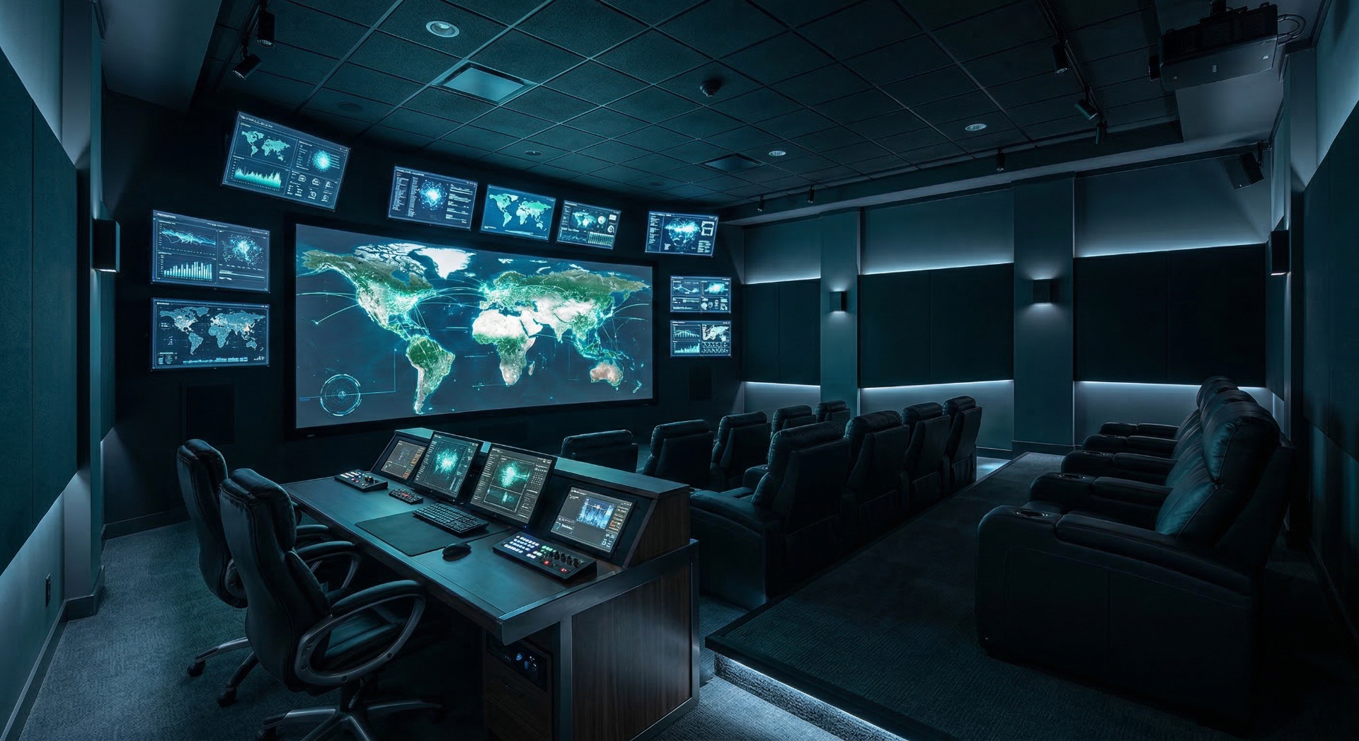 The War Room — Multi-monitor arrays flank a central widescreen display in a tactical operations