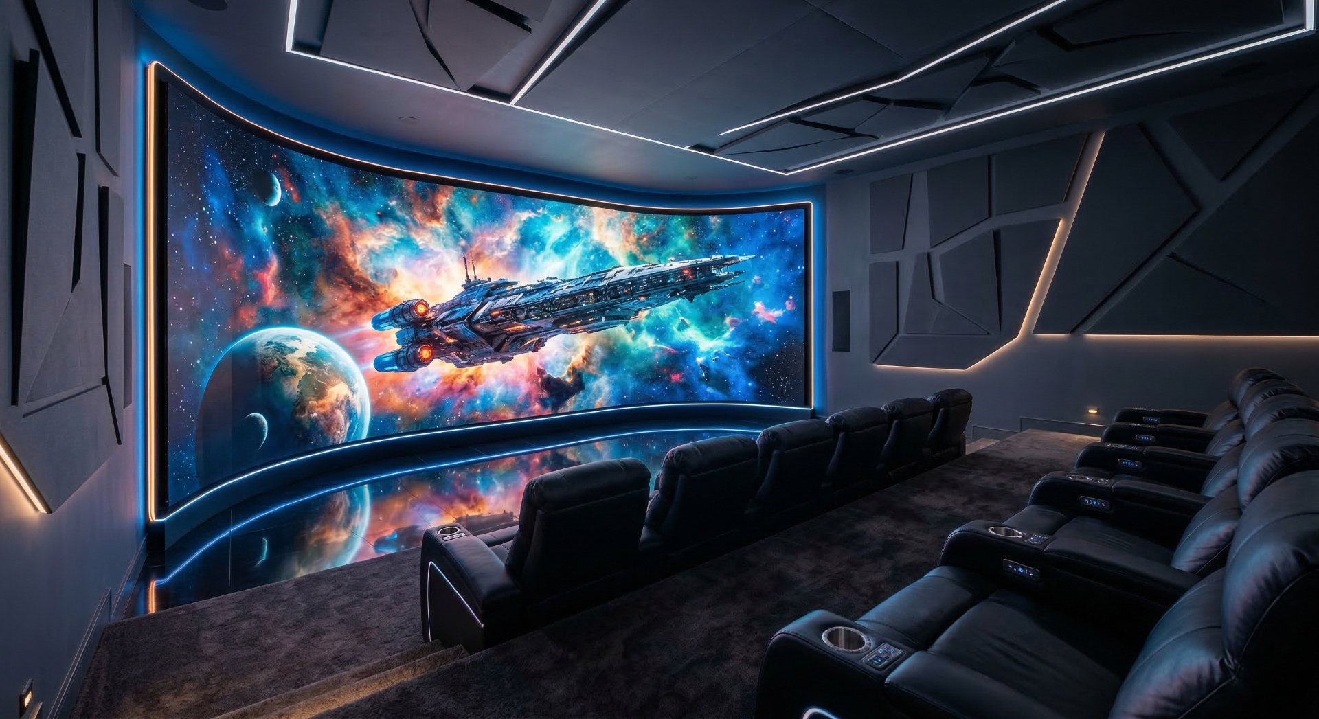 The Warp Drive — Angular acoustic panels, a massive curved screen displaying deep space, and prec