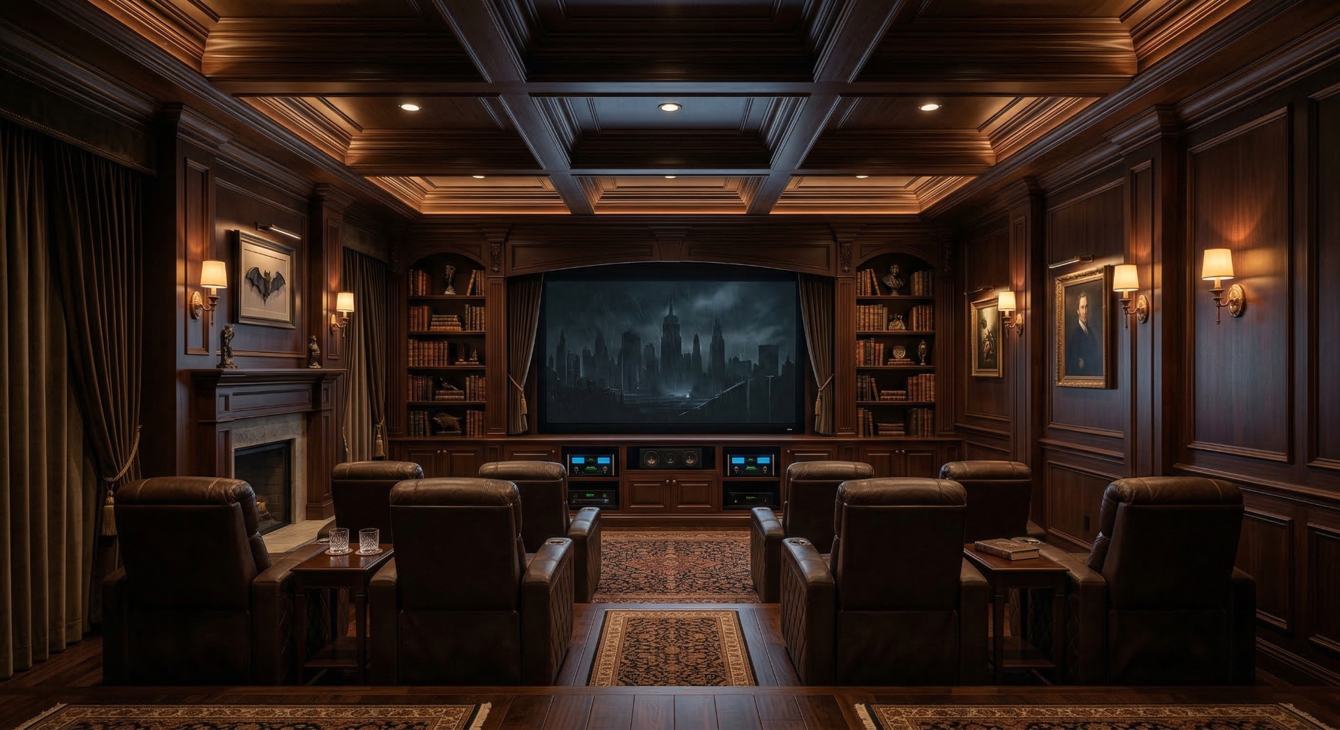 The Wayne Manor — Dark wood paneling, fireplace, curio shelves, and a Gotham skyline on screen — a