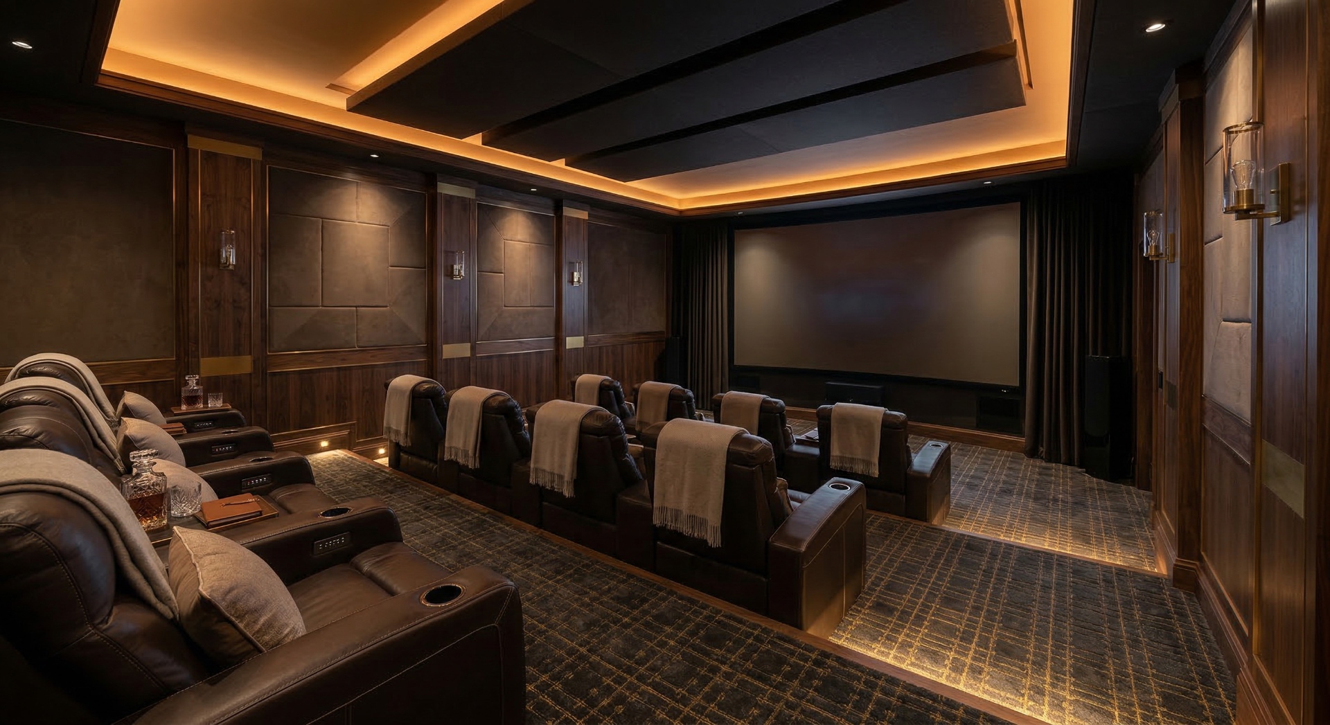 The Whiskey Lounge — Leather-padded acoustic panels, cashmere throws, amber cove lighting, and a deca