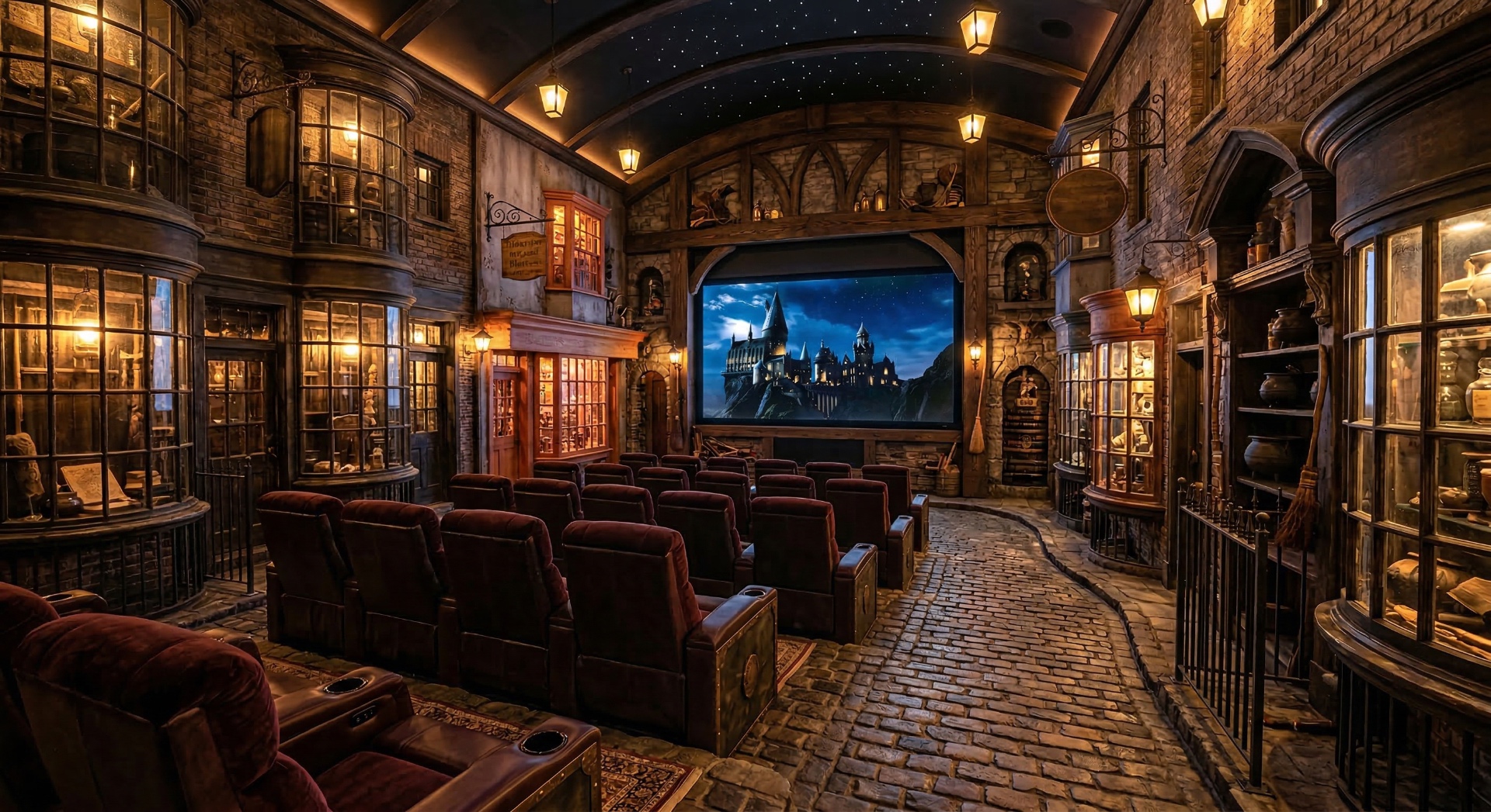 The Wizard Village — Cobblestone alleyways, apothecary storefronts, and warm lantern light turn this 
