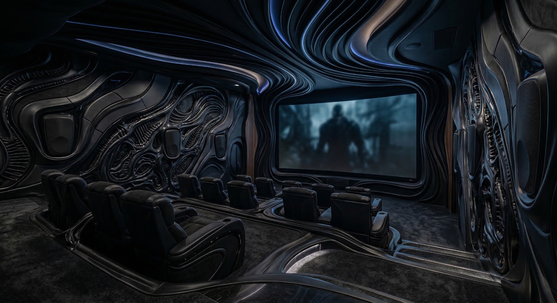 The Hive — Biomechanical sculpted walls flow organically around the screen in an alien-insp